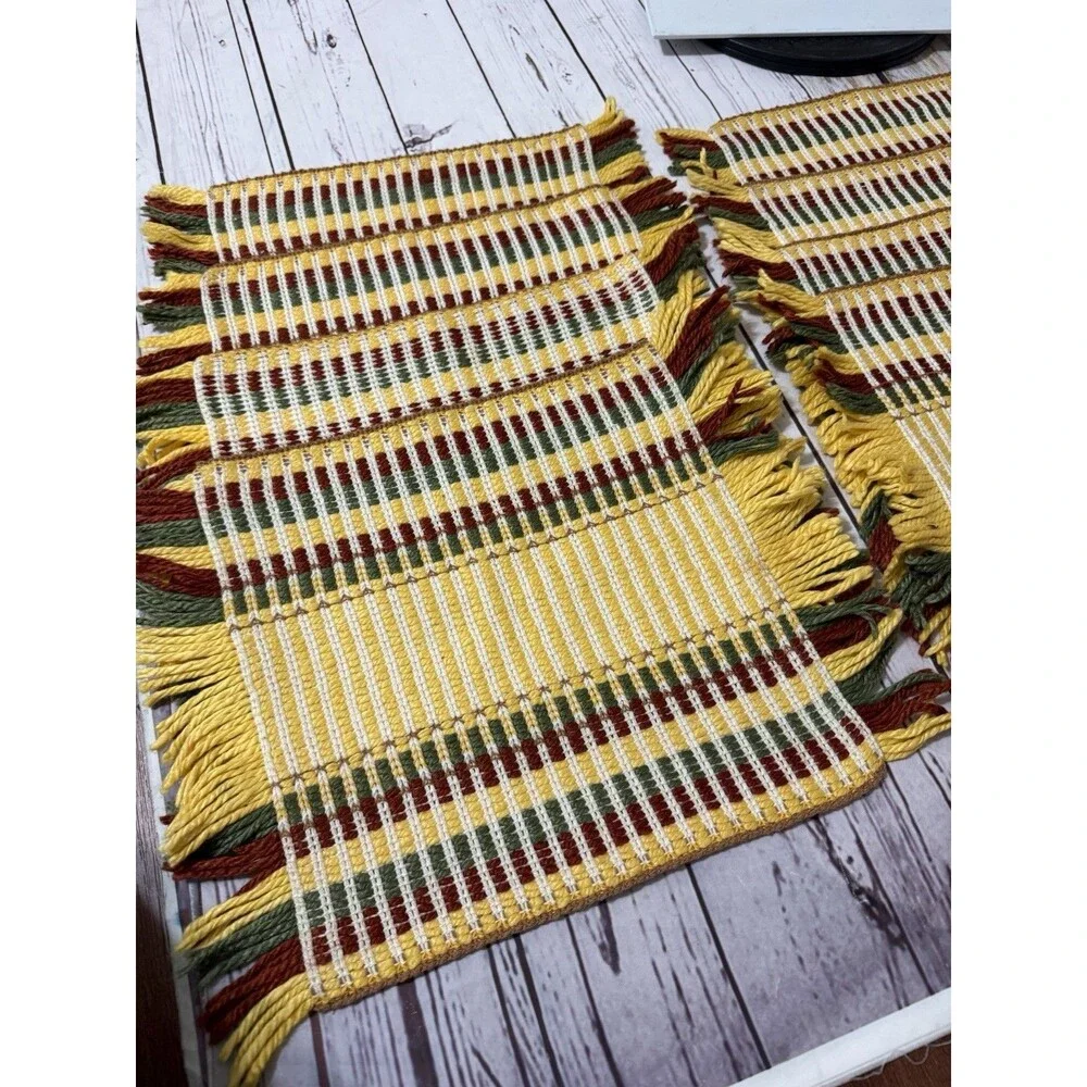 Set Of 8 Hand Made Placemats MCM Yellow Green Burgundy Knit